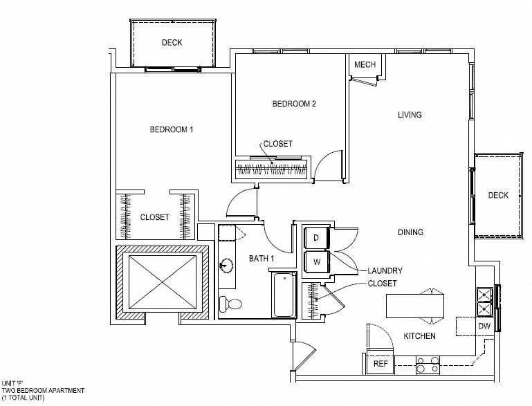 Floor plan for 2 beds, 1 bath, 1126 sqft